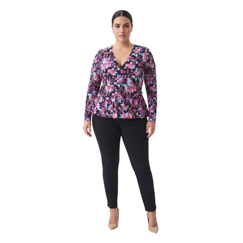 Bar III Floral Faux Wrap Peplum Top Black Pink Blue Sheer Sleeve